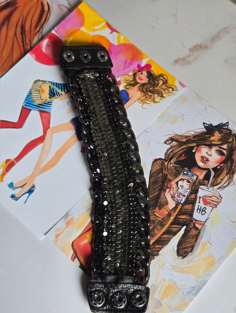 Vintage Henri Bendel Black Chain-Link & Crystals Wrap Leather Bracelet GUC - Picture 7 of 13